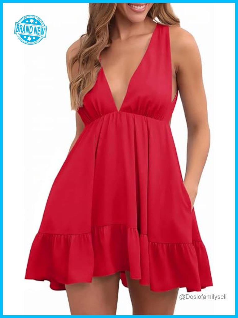 Sleeveless Ruffle Deep V-Neck Mini Dress With Pockets